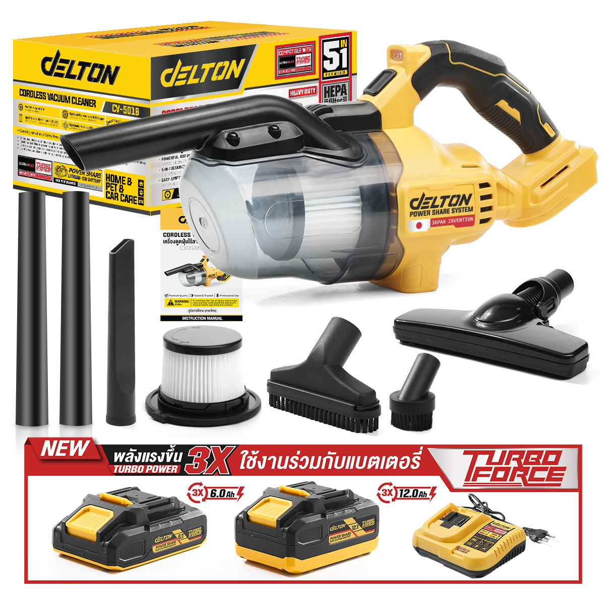 เครื่องดูดฝุ่นแบบมือจับไร้สาย (พร้อมแบตเตอรี่) DELTON รุ่น CV-501B TURBO FORCE 20V 12AH_10